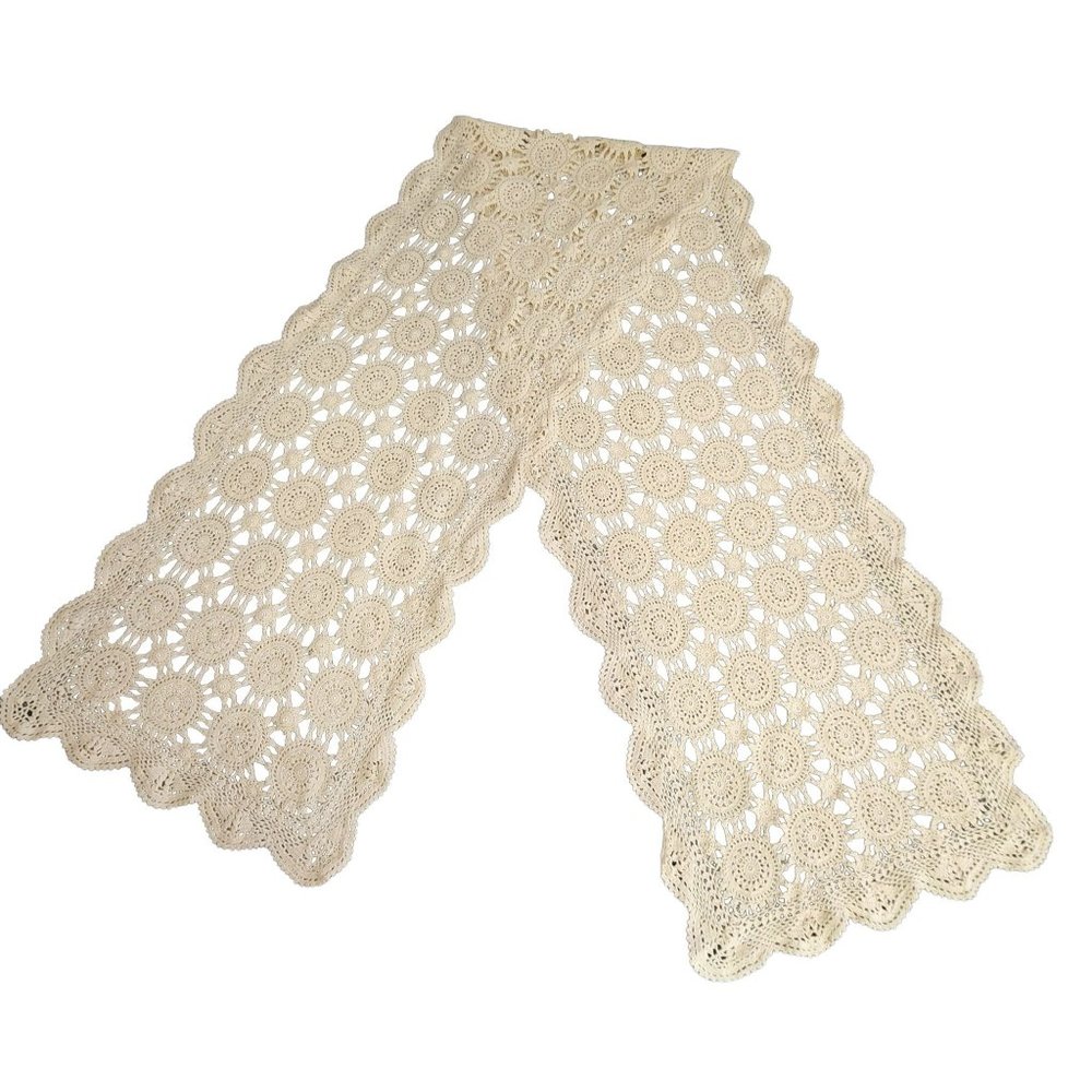 Handmade Crochet Table Runner Aprx 69" Long 13" Wide Ecru Color Vintage Scallope